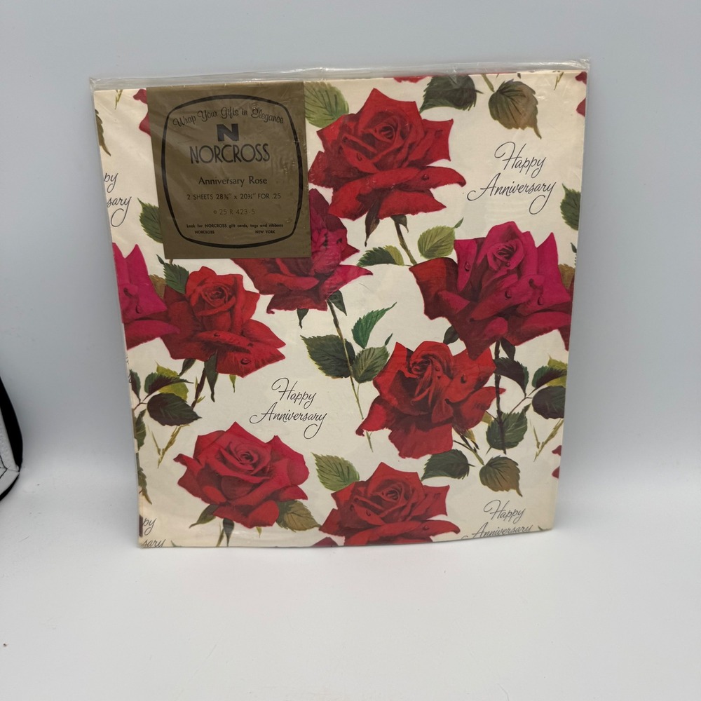Vintage Norcross Anniversary Rose Gift Wrap 2 Sheets Red Floral 25 R 423-5
